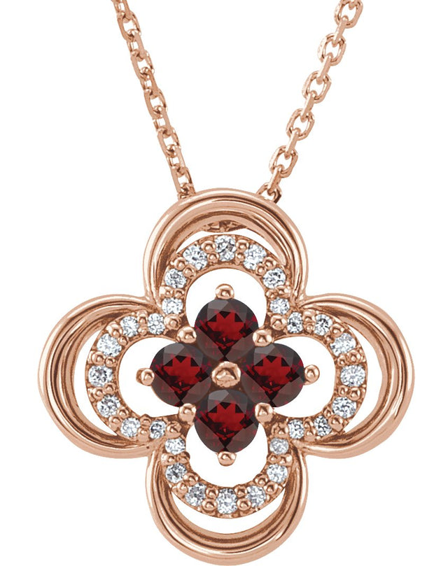 14K Gold Round Natural Mozambique Garnet Clover Necklace or Pendant – 0.08 CTW - Rose Gold