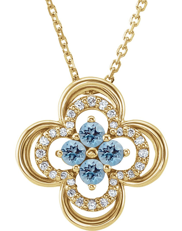 14K Gold Round Natural Aquamarine Clover Necklace or Pendant – 0.08 CTW - Yellow Gold