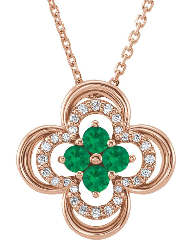 14K Gold Round Natural Emerald Clover Necklace or Pendant – 0.08 CTW - Rose Gold