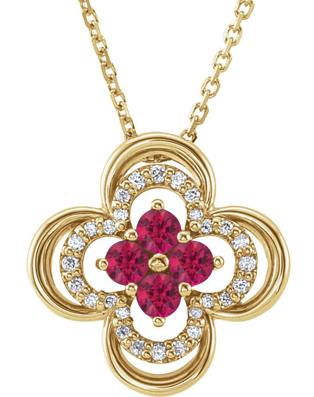 14K Gold Round Natural Ruby Clover Necklace or Pendant – 0.08 CTW - Yellow Gold