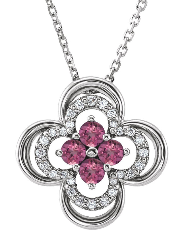 Platinum Round Natural Pink Tourmaline Clover Necklace or Pendant – 0.08 CTW
