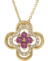 14K Gold Round Natural Pink Tourmaline Clover Necklace or Pendant – 0.08 CTW - Yellow Gold