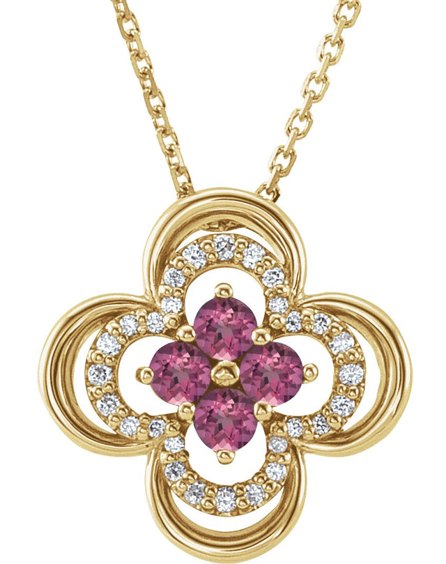 14K Gold Round Natural Pink Tourmaline Clover Necklace or Pendant – 0.08 CTW - Yellow Gold