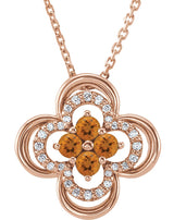 14K Gold Round Natural Citrine Clover Necklace or Pendant – 0.08 CTW - Rose Gold
