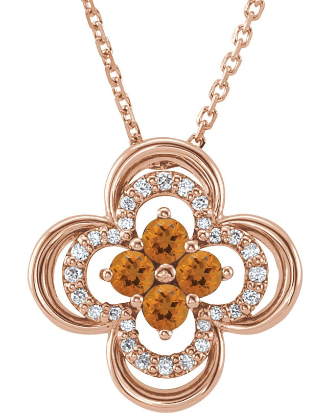 14K Gold Round Natural Citrine Clover Necklace or Pendant – 0.08 CTW - Rose Gold