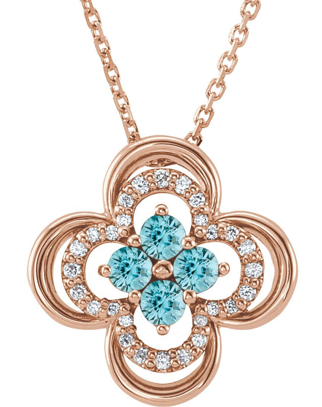 14K Gold Round Natural Blue Zircon Clover Necklace or Pendant – 0.08 CTW - Rose Gold