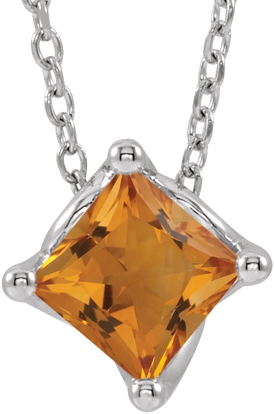 14K Gold Square Natural Citrine Solitaire Necklace or Slide Pendant - White Gold