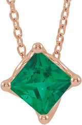 14K Gold Square Lab-Grown Emerald Solitaire Necklace or Slide Pendant - Rose Gold