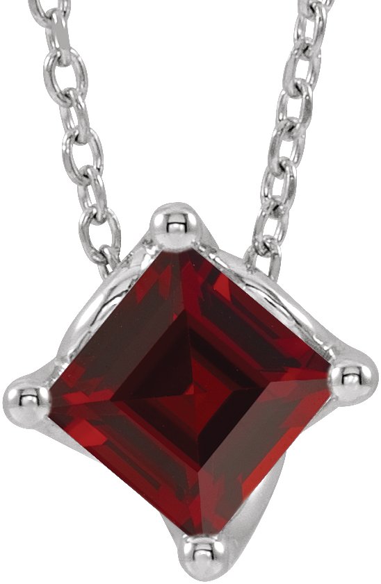 Platinum Square Natural Mozambique Garnet Solitaire Necklace or Slide Pendant