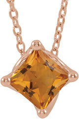 14K Gold Square Natural Citrine Solitaire Necklace or Slide Pendant - Rose Gold