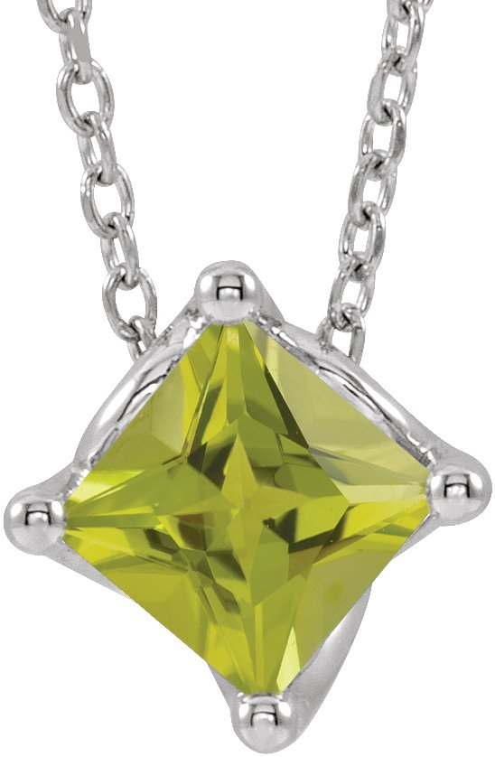 14K Gold Square Natural Peridot Solitaire Necklace or Slide Pendant - White Gold