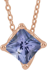 14K Gold Square Natural Tanzanite Solitaire Necklace or Slide Pendant - Rose Gold