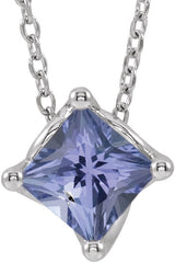 Platinum Square Natural Tanzanite Solitaire Necklace or Slide Pendant