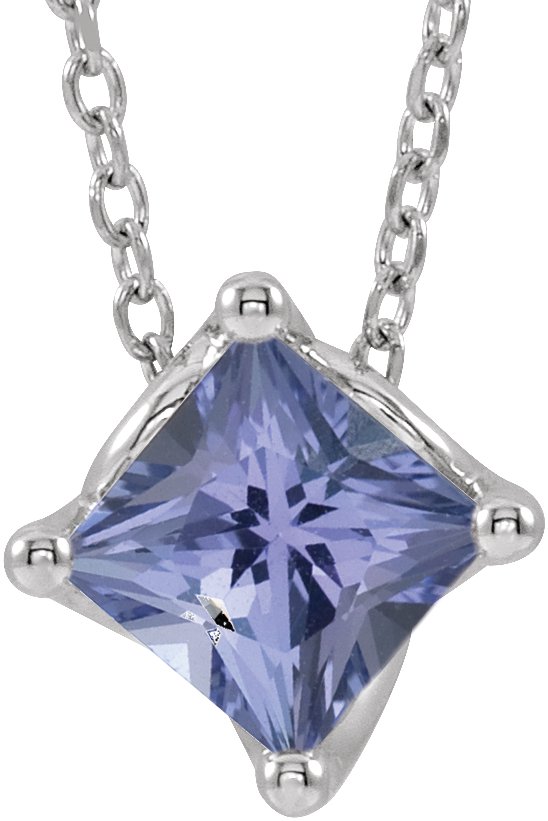 Platinum Square Natural Tanzanite Solitaire Necklace or Slide Pendant