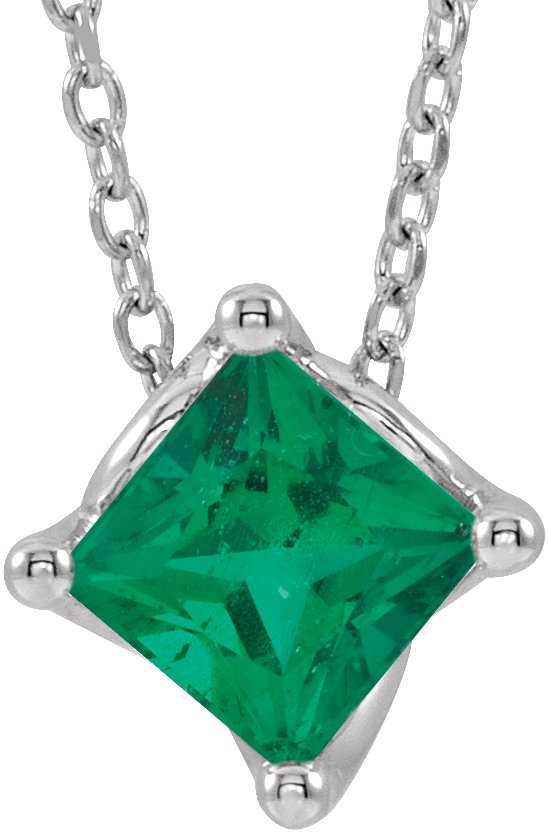Platinum Square Natural Emerald Solitaire Necklace or Slide Pendant
