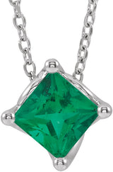 14K Gold Square Lab-Grown Emerald Solitaire Necklace or Slide Pendant - White Gold