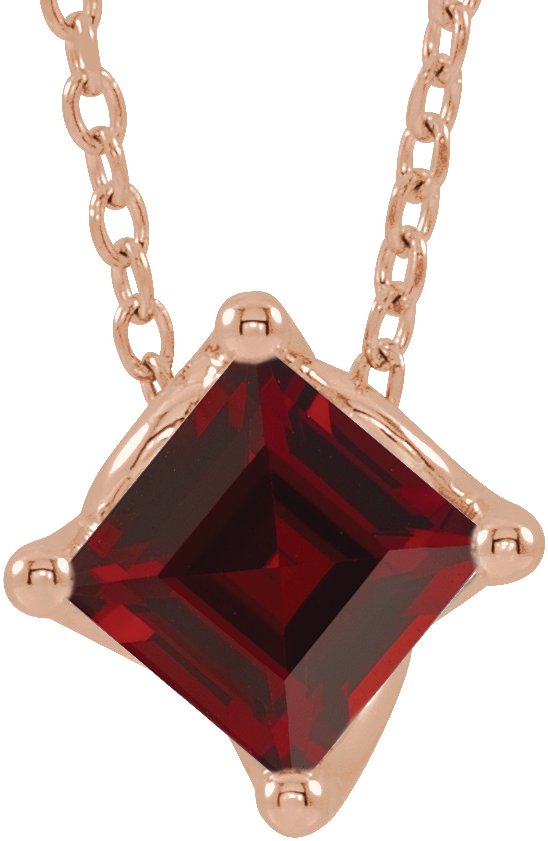 14K Gold Square Natural Mozambique Garnet Solitaire Necklace or Slide Pendant - Rose Gold
