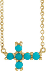 14K Gold Round Natural Turquoise Sideways Cross Necklace - Yellow Gold