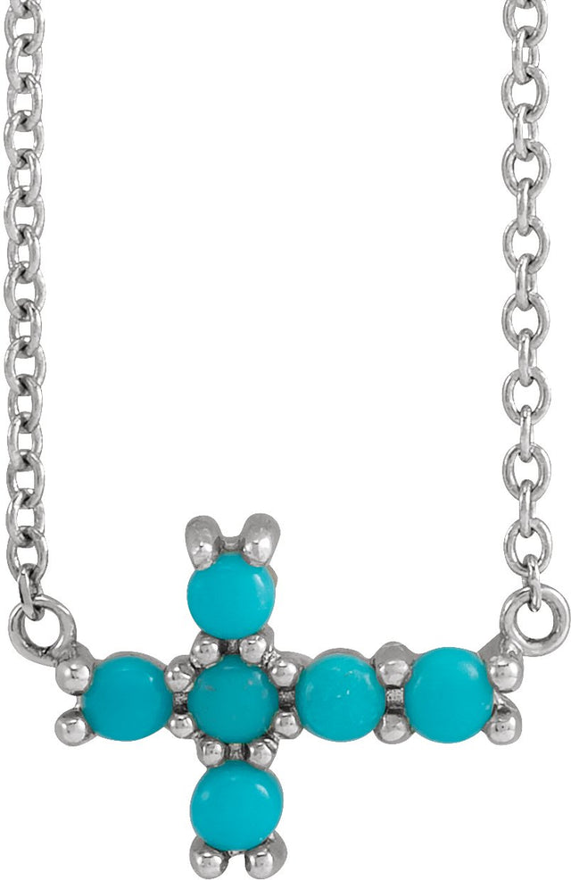 14K Gold Round Natural Turquoise Sideways Cross Necklace - White Gold
