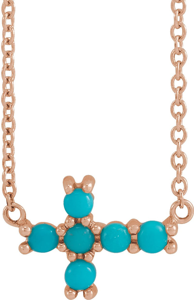 14K Gold Round Natural Turquoise Sideways Cross Necklace - Rose Gold