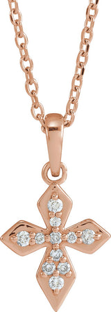 14K Gold Round Natural Diamond Petite Cross Necklace or Pendant II - Rose Gold