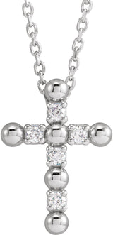 14K Gold Round Natural Diamond Beaded Cross Necklace or Pendant - White Gold