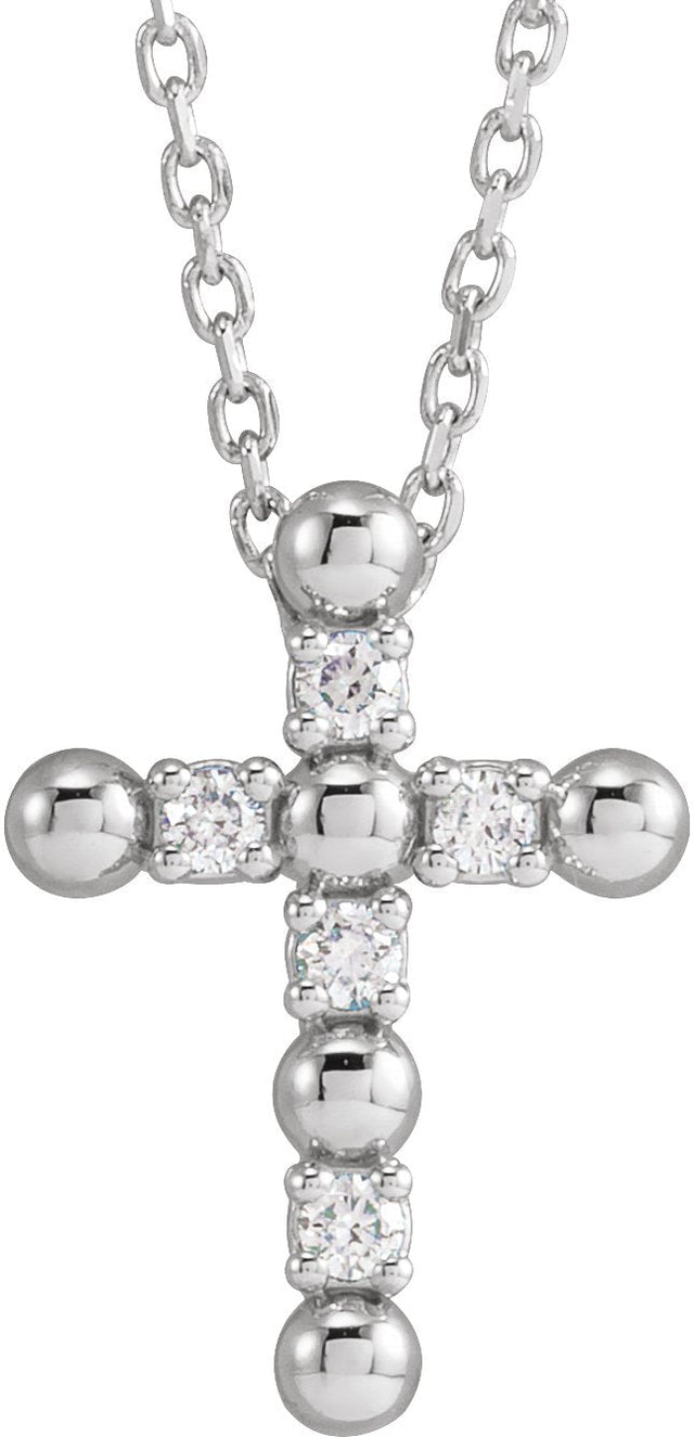14K Gold Round Natural Diamond Beaded Cross Necklace or Pendant - White Gold