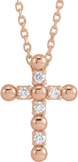 14K Gold Round Natural Diamond Beaded Cross Necklace or Pendant - Rose Gold
