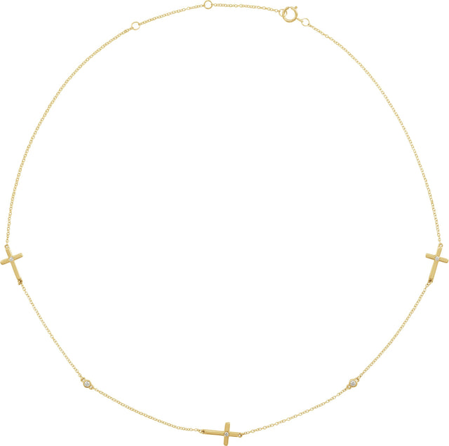 14K Gold Round Natural Diamond Cross Station Necklace II - Yellow Gold