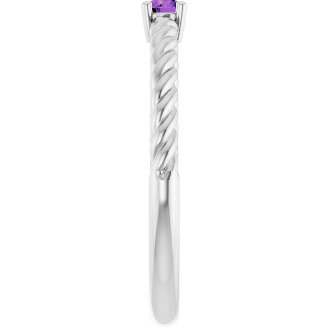 14K Gold Round Natural Amethyst Rope Solitaire Ring - White Gold - view 4