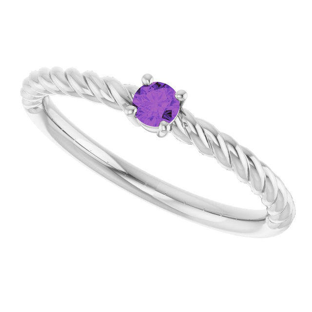 14K Gold Round Natural Amethyst Rope Solitaire Ring - White Gold - view 5