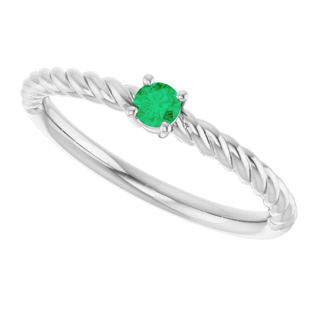14K Gold Round Natural Emerald Rope Solitaire Ring - White Gold - view 5