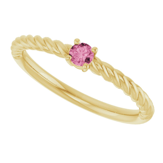 14K Gold Round Natural Pink Tourmaline Rope Solitaire Ring - Yellow Gold - view 5