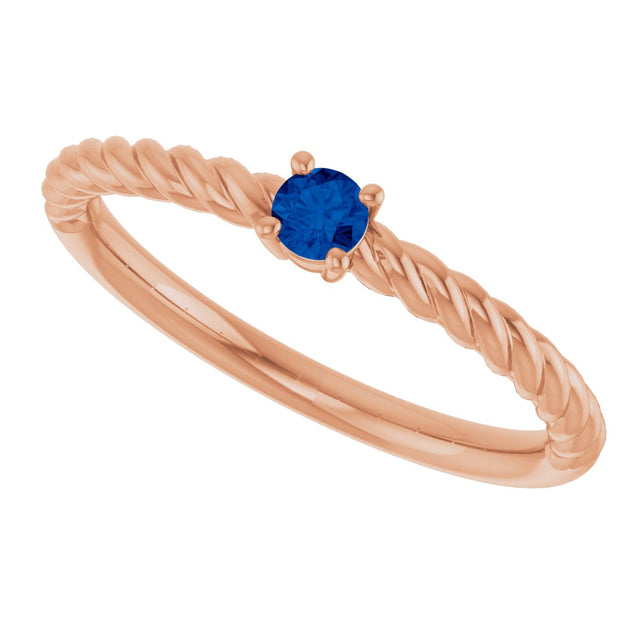 14K Gold Round Natural Blue Sapphire Rope Solitaire Ring - Rose Gold - view 5
