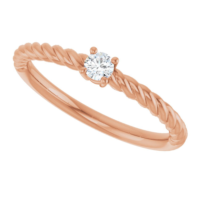 14K Gold Round Natural White Sapphire Rope Solitaire Ring - Rose Gold - view 5