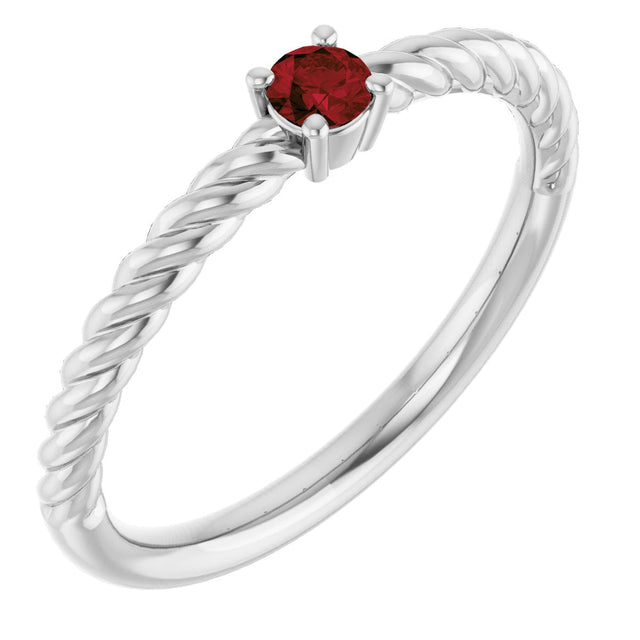 14K Gold Round Natural Mozambique Garnet Rope Solitaire Ring - White Gold
