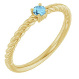 14K Gold Round Natural Aquamarine Rope Solitaire Ring - Yellow Gold