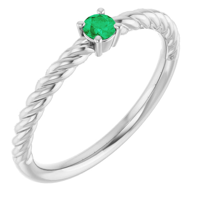 14K Gold Round Natural Emerald Rope Solitaire Ring - White Gold
