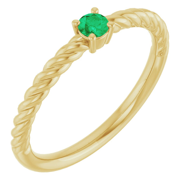 14K Gold Round Natural Emerald Rope Solitaire Ring - Yellow Gold