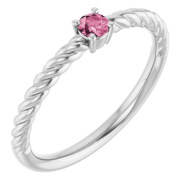 Platinum Round Natural Pink Tourmaline Rope Solitaire Ring