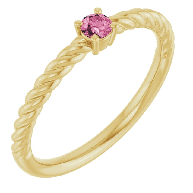 14K Gold Round Natural Pink Tourmaline Rope Solitaire Ring - Yellow Gold
