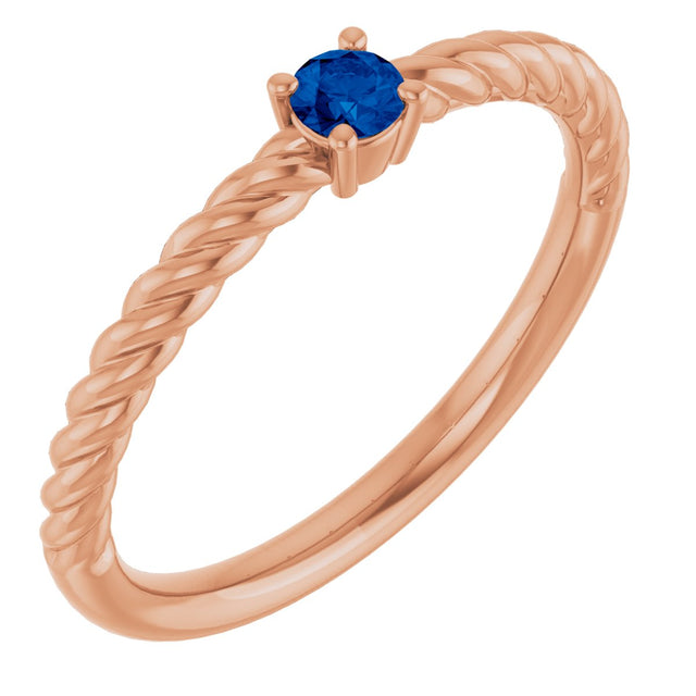 14K Gold Round Natural Blue Sapphire Rope Solitaire Ring - Rose Gold