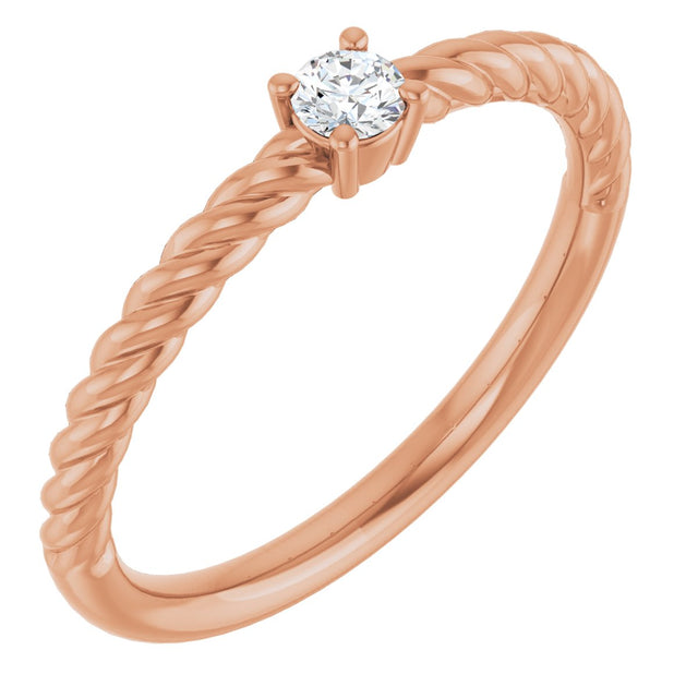 14K Gold Round Natural White Sapphire Rope Solitaire Ring - Rose Gold