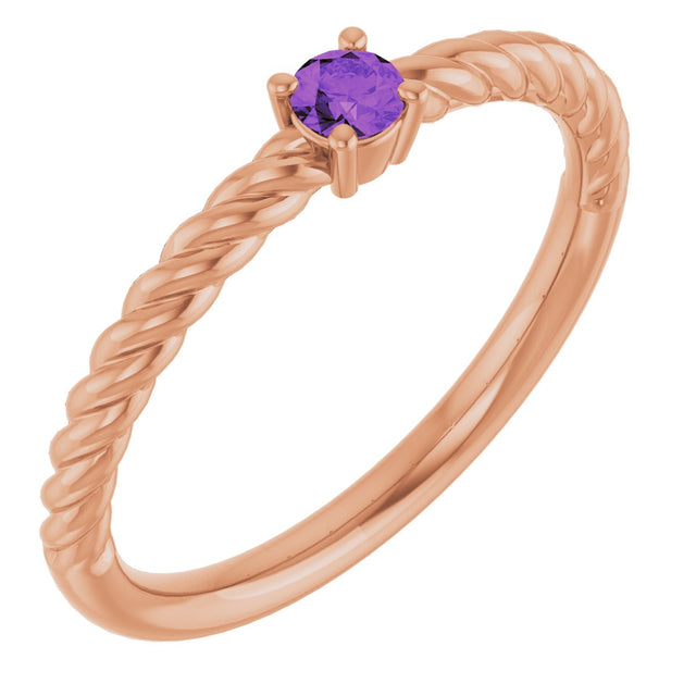 14K Gold Round Natural Amethyst Rope Solitaire Ring - Rose Gold