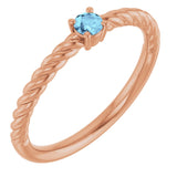 14K Gold Round Natural Aquamarine Rope Solitaire Ring - Rose Gold
