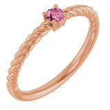 14K Gold Round Natural Pink Tourmaline Rope Solitaire Ring - Rose Gold