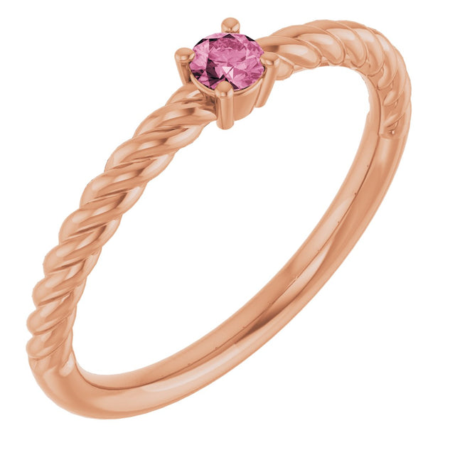 14K Gold Round Natural Pink Tourmaline Rope Solitaire Ring - Rose Gold
