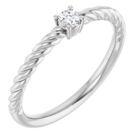 14K Gold Round Natural White Sapphire Rope Solitaire Ring - White Gold