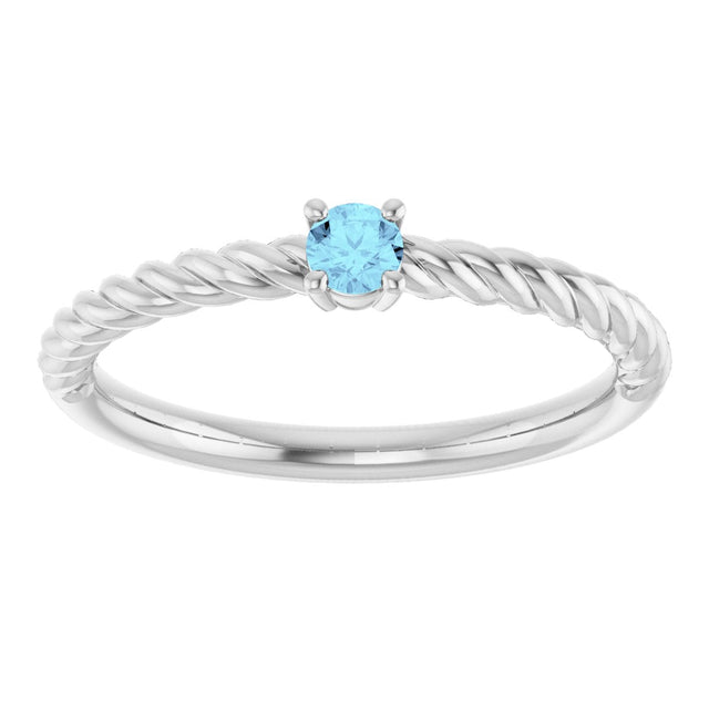 14K Gold Round Natural Aquamarine Rope Solitaire Ring - White Gold - view 4