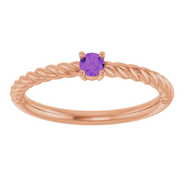 14K Gold Round Natural Amethyst Rope Solitaire Ring - Rose Gold - view 3